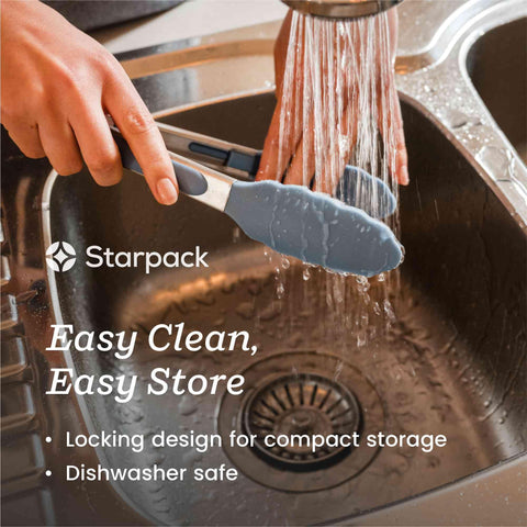 StarPack Home Get a Grip 9-inch tongs with locking mechanism for storage.