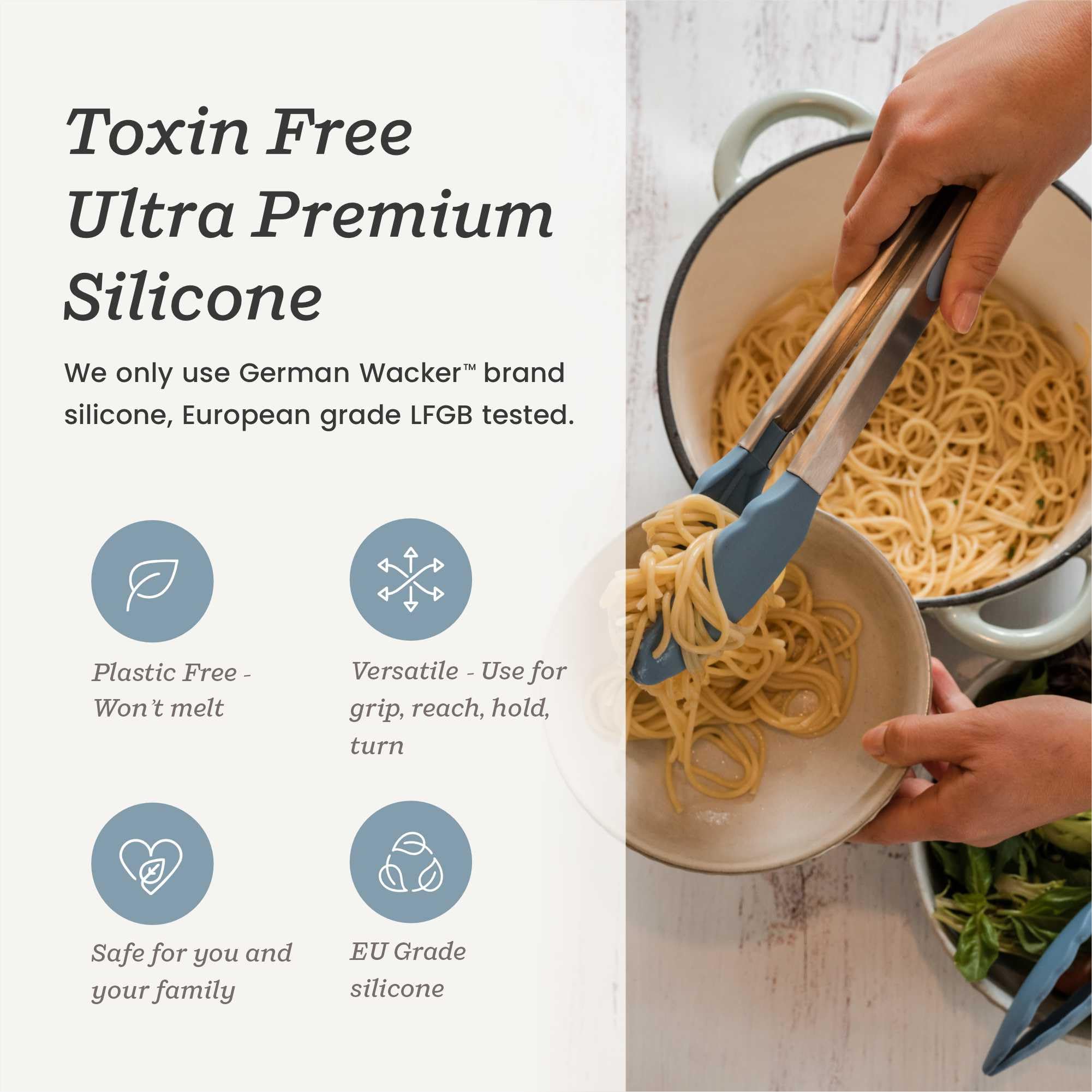 StarPack Home Silicone tips on tongs protect cookware surfaces when cooking.