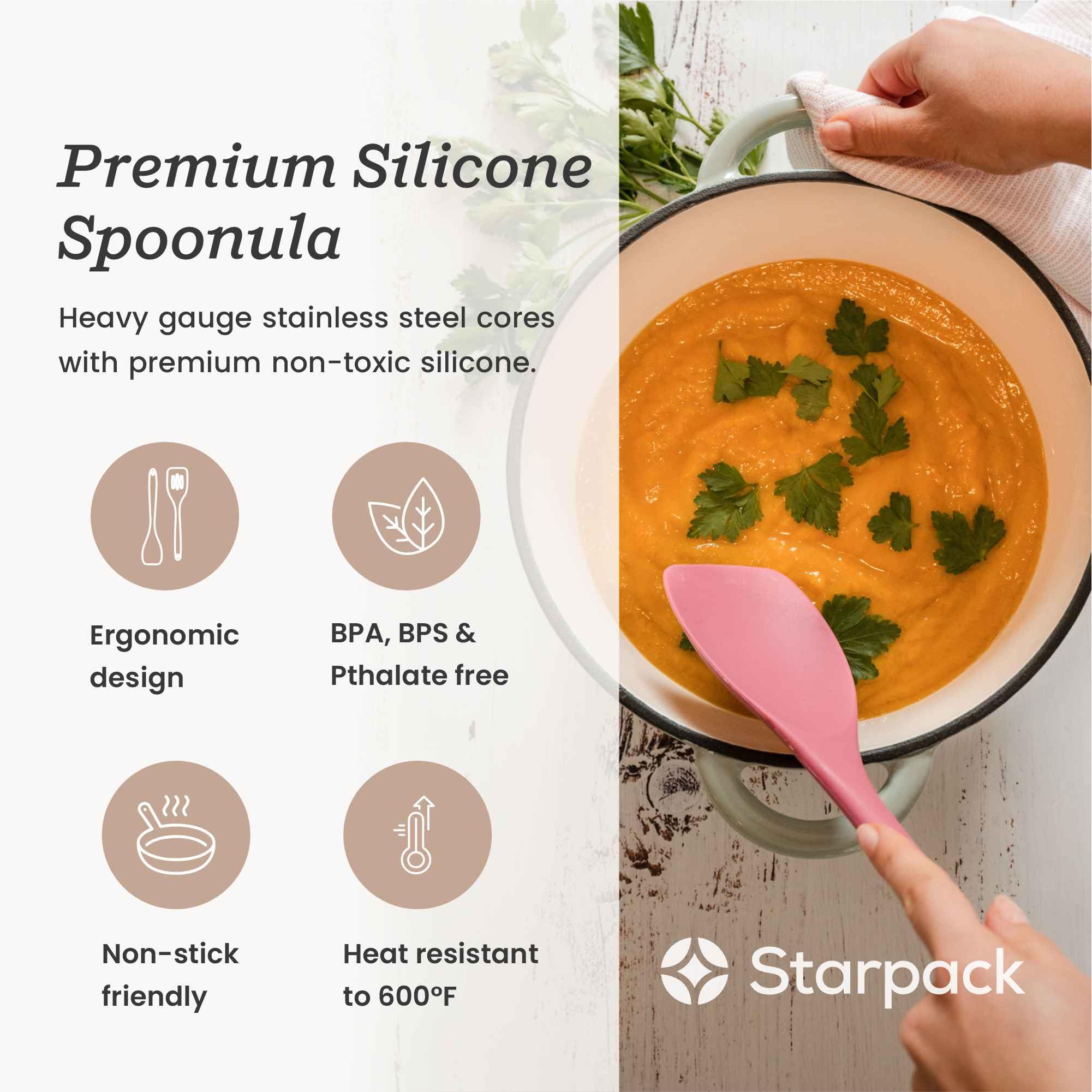 StarPack Home spoonula with stainless steel core for durability and safe contact with nonstick pans.