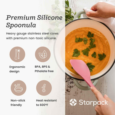 StarPack Home spoonula with stainless steel core for durability and safe contact with nonstick pans.