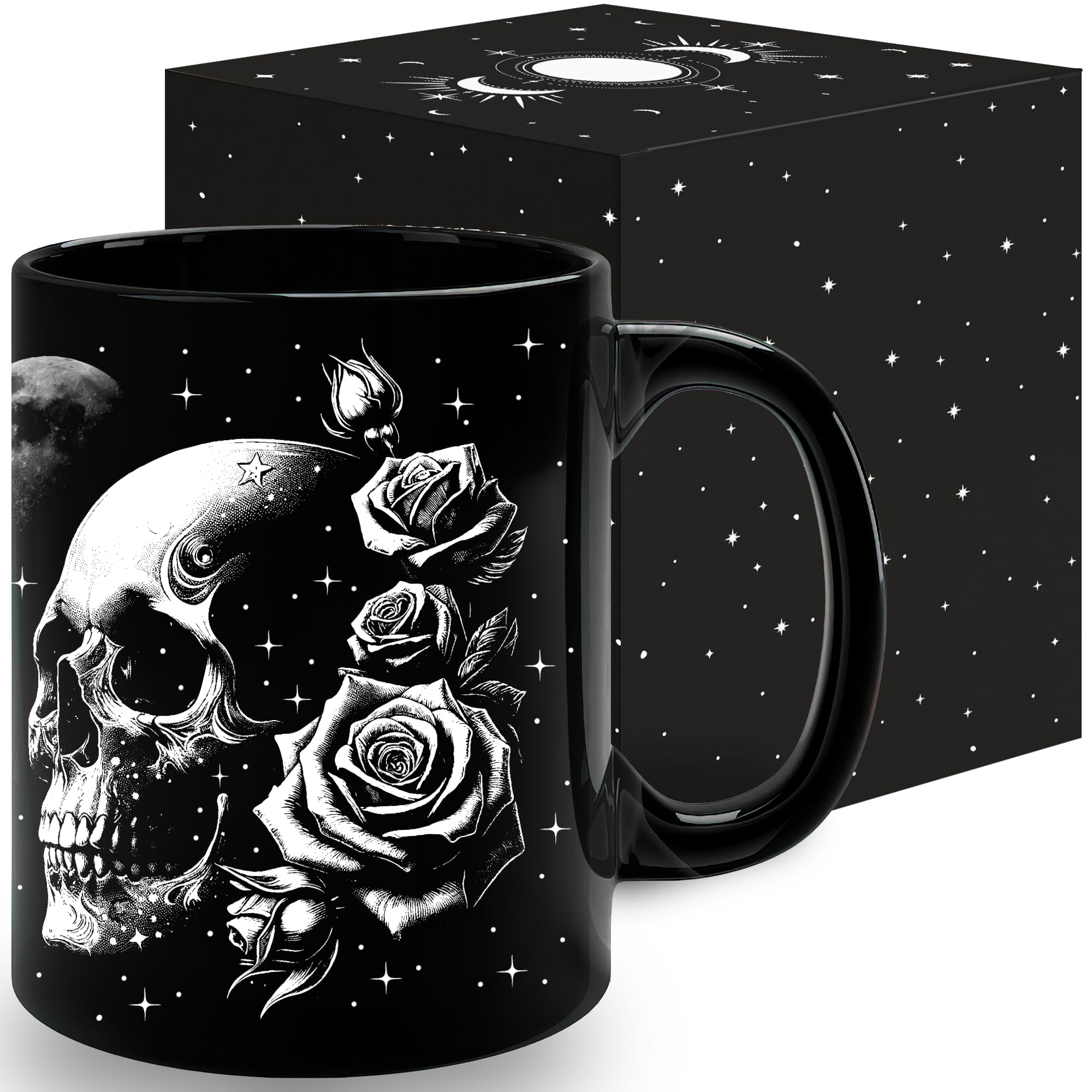 Starter Fluid roses and skull mug with gothic design for stylish morning coffee.
