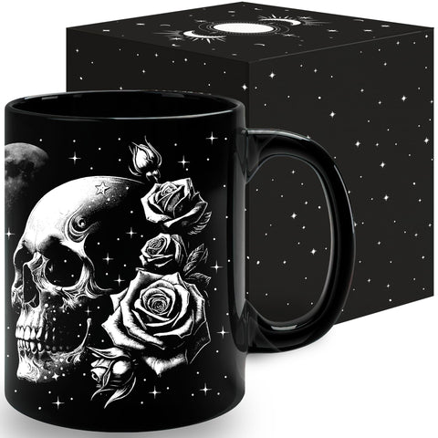 Starter Fluid roses and skull mug with gothic design for stylish morning coffee.
