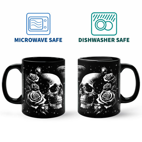 Starter Fluid skull moon stars design mug for Halloween decor and comfortable grip.