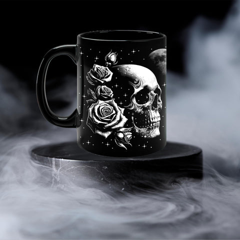 Starter Fluid witchy gothic mug featuring skull and moons for moody tea breaks.