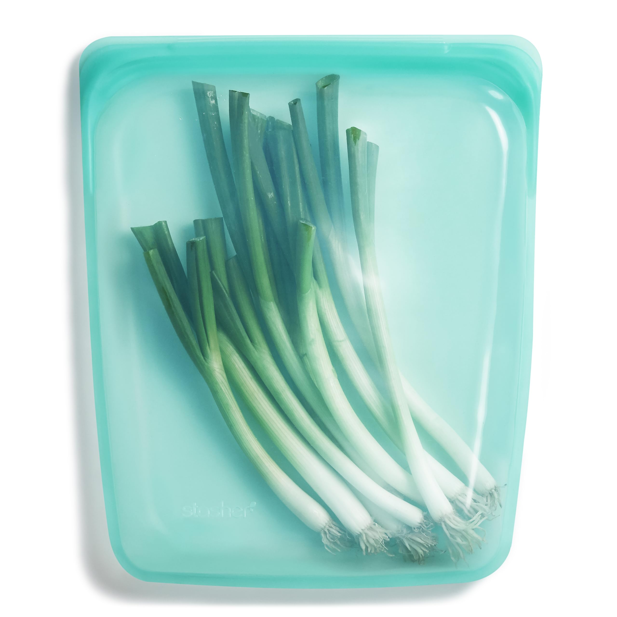 Stasher half gallon aqua bag opened for meal prep and organization