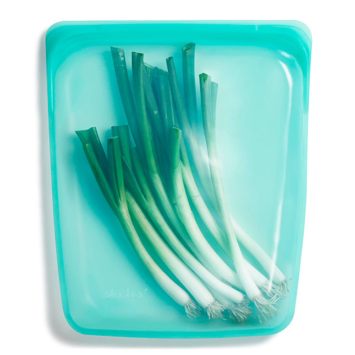 Stasher half gallon aqua bag opened for meal prep and organization