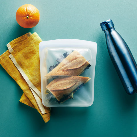 Stasher quart bag storing leftovers for microwave reheating