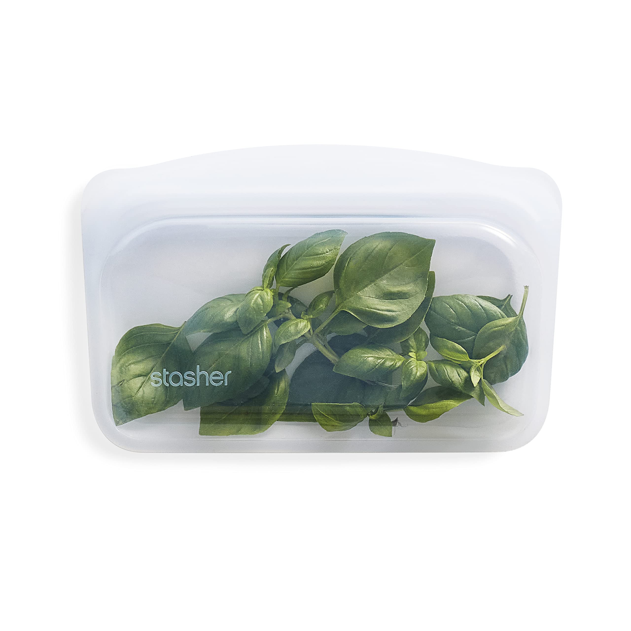 Stasher snack bag front view in clear silicone showing easy snack storage