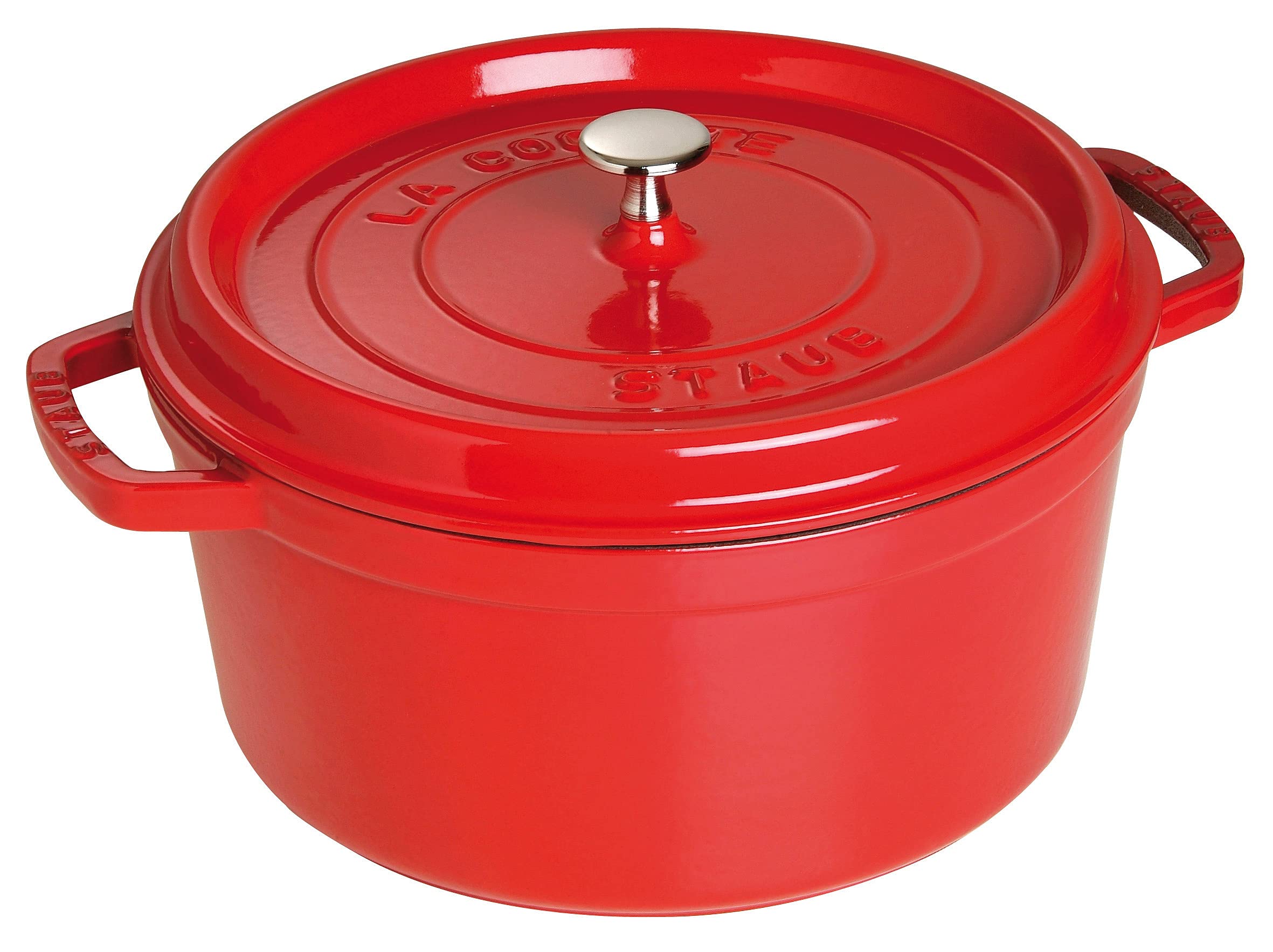 Staub 7qt cocotte exterior in cherry enamel adds durable, table-ready appeal.