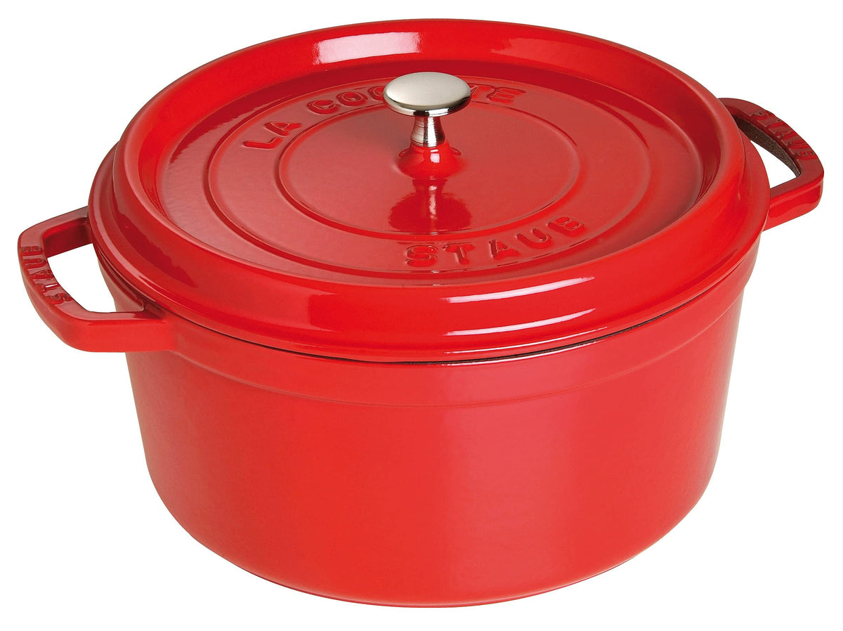 Staub 7qt cocotte exterior in cherry enamel adds durable, table-ready appeal.