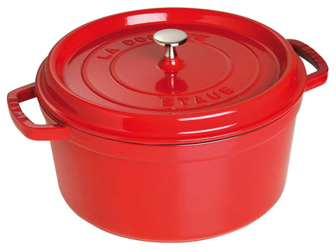 Staub 7qt cocotte exterior in cherry enamel adds durable, table-ready appeal.