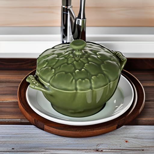 Staub Artichoke Cocotte Basil safe for microwave use up to 572F.