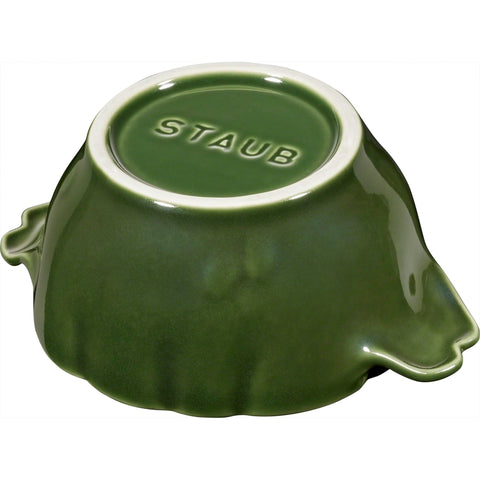 Staub Artichoke Cocotte Basil porcelain enamel finish close-up.