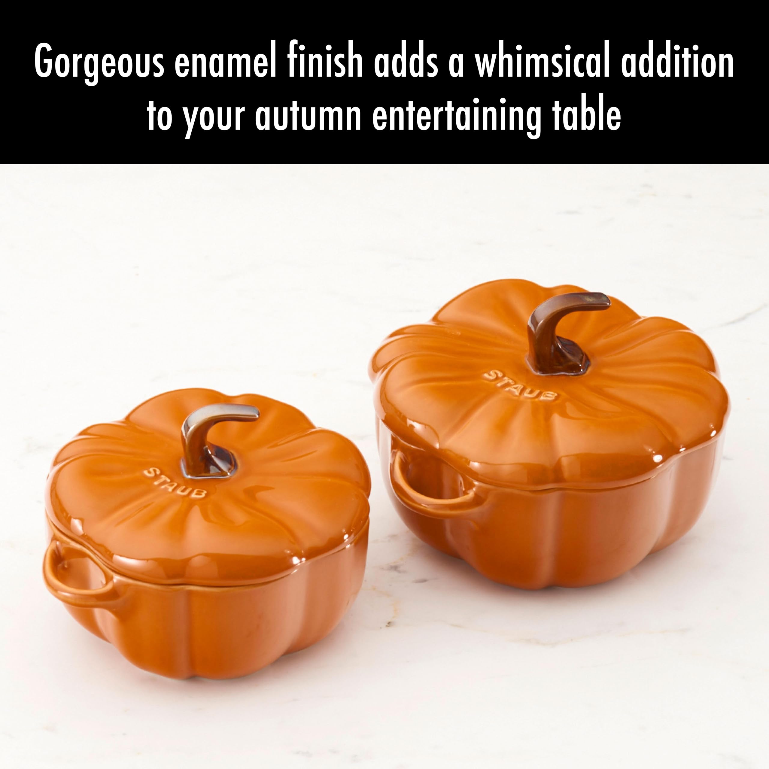 STAUB burnt-orange pumpkin finish adds warmth to kitchen decor.