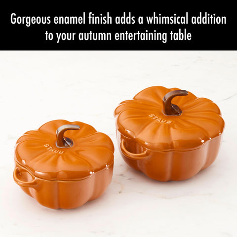 STAUB burnt-orange pumpkin finish adds warmth to kitchen decor.