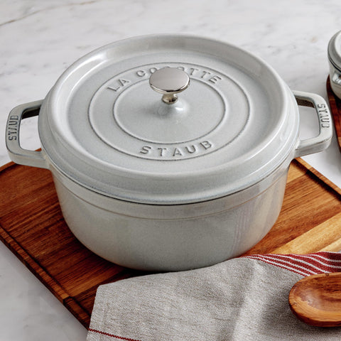 Staub enamel interior close-up shows no-seasoning convenience and consistent sear