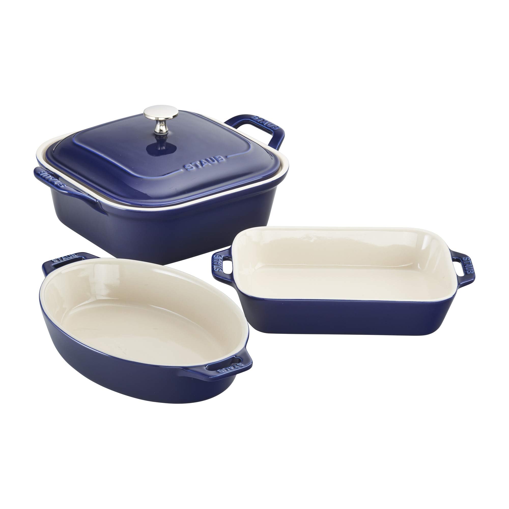 Staub 7.5x6 rectangular ceramic baking dish with glaze, ideal for casseroles and sides.