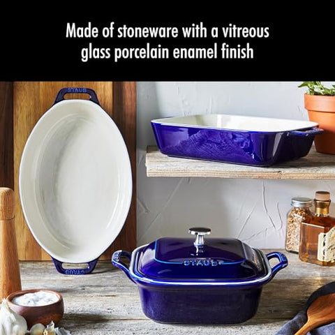 Staub 9x9 square baking dish with lid keeps dishes warm at the table.