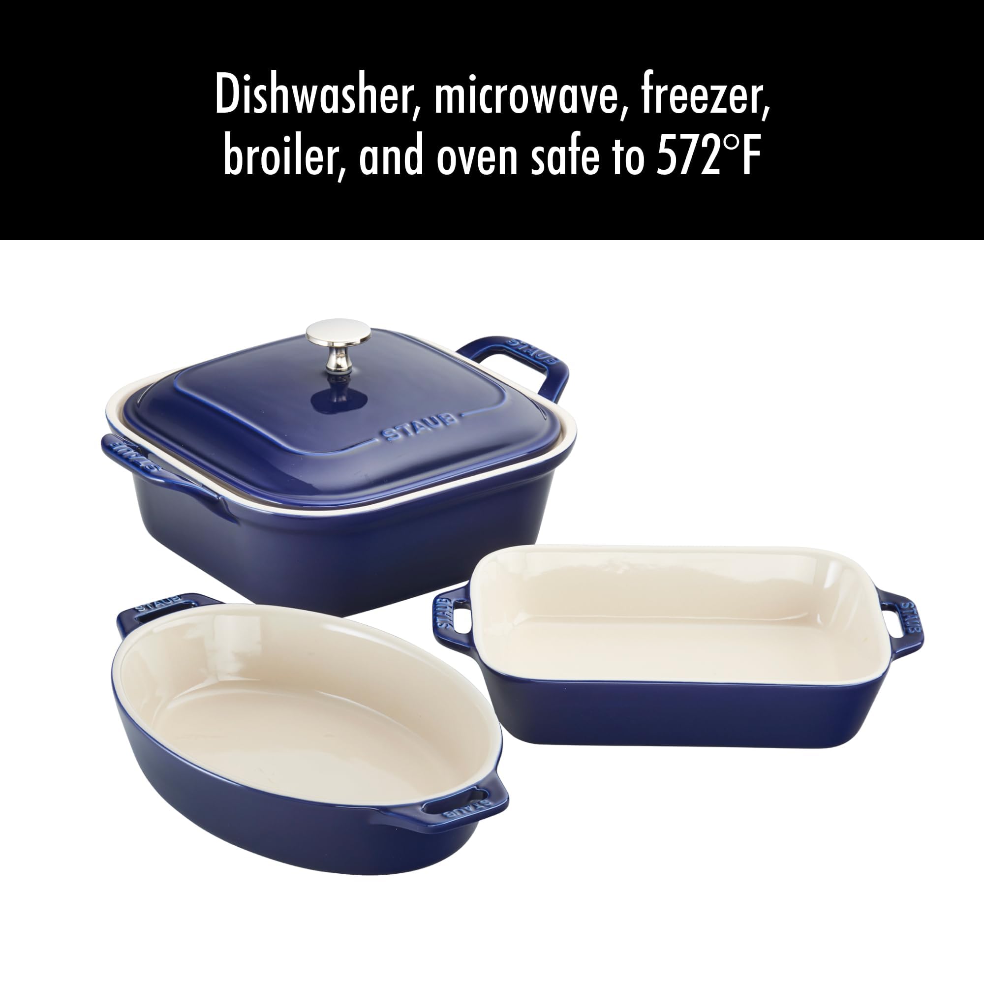 Staub dark blue glaze adds a sophisticated touch to your kitchen.