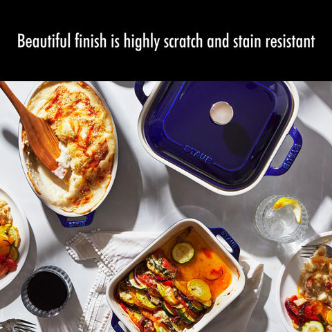 Staub ergonomic grip handles provide secure handling from oven to counter.