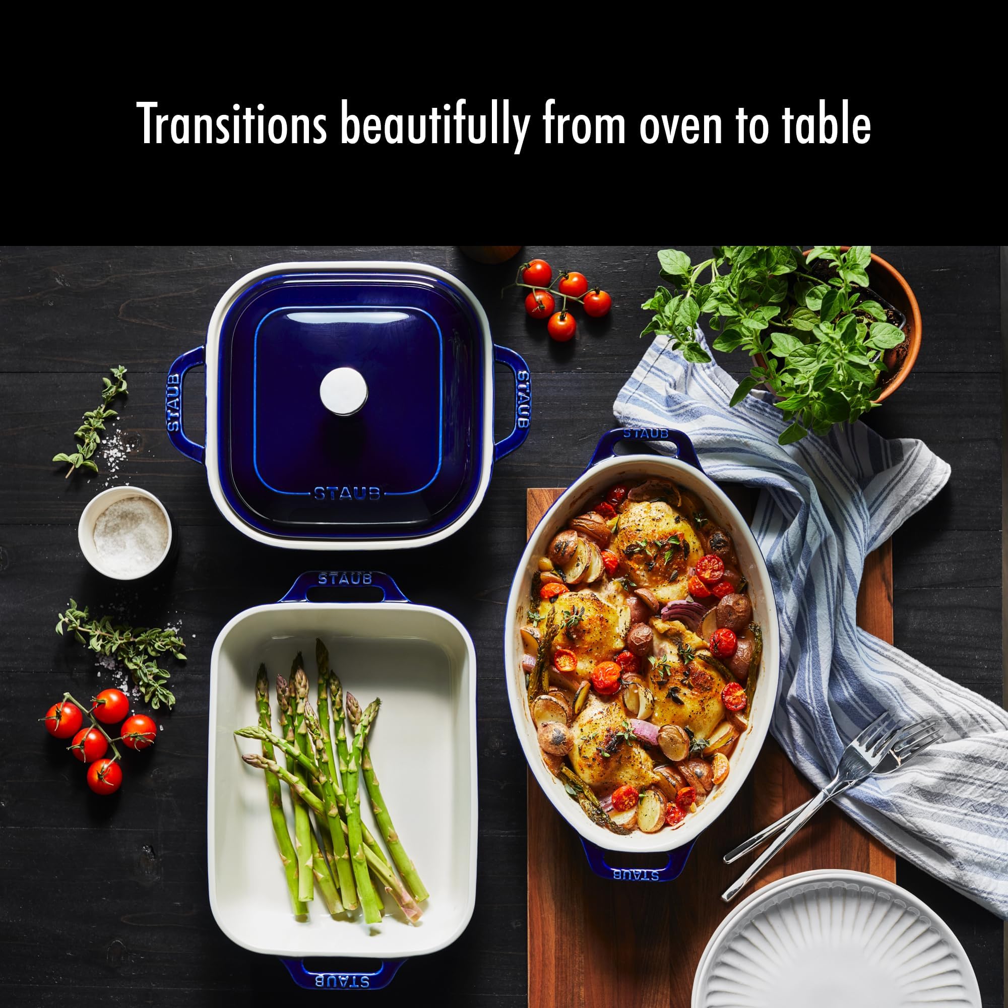 Staub stoneware resists moisture absorption, diffuses heat for smooth baking.