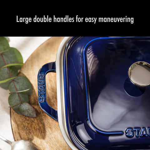 Staub oven-to-table design transitions smoothly from bake to presentation.