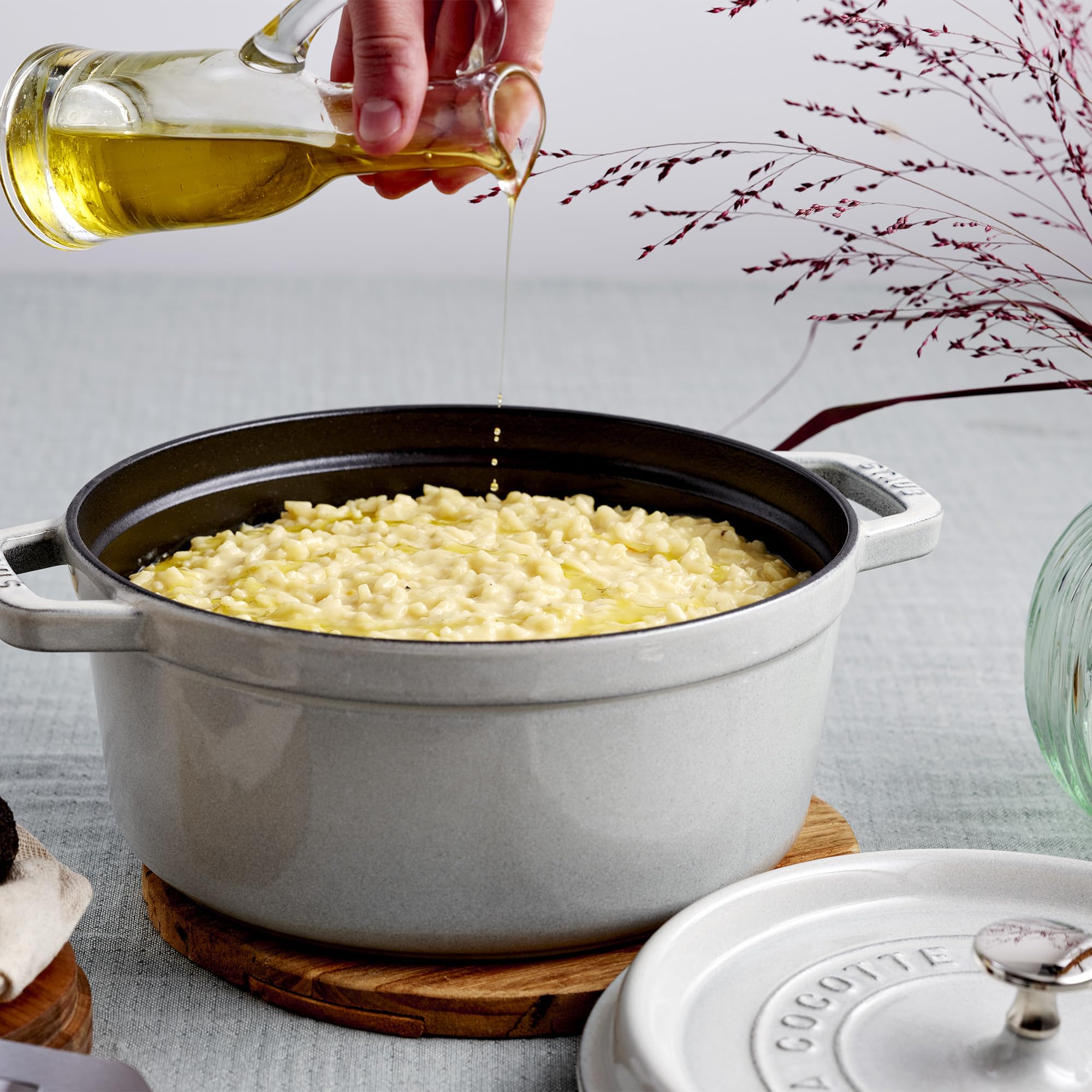 Staub oven-safe up to 500°F enables finishing recipes in the oven