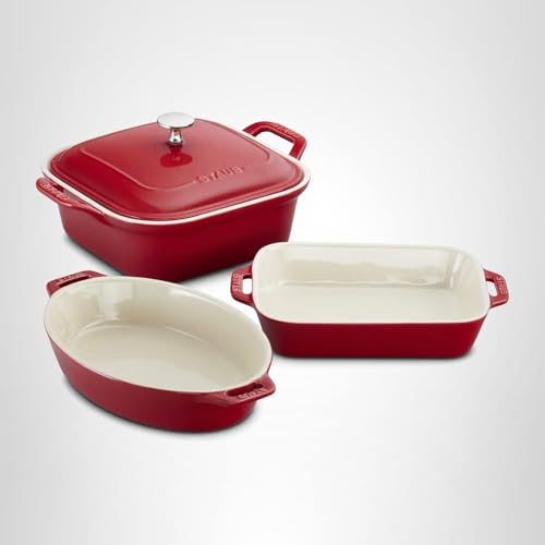 Staub color cherry red option adds vibrant kitchen appeal.