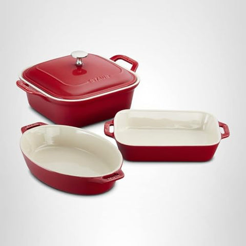 Staub color cherry red option adds vibrant kitchen appeal.