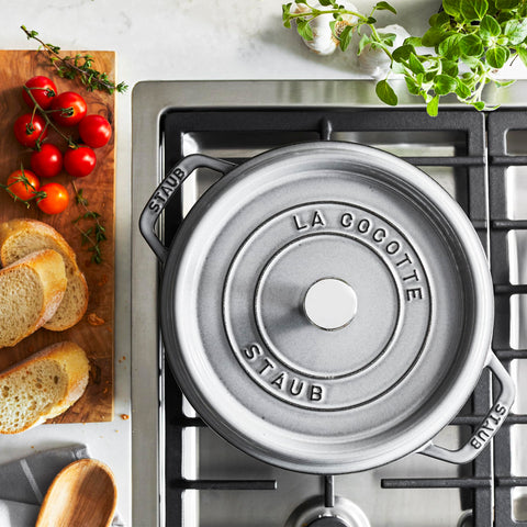 Staub lid self-basting spikes recirculate juices for moist, flavorful braises
