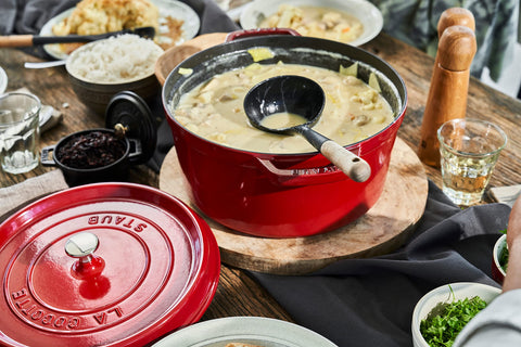 Staub lid spikes enable continuous basting for moist, flavorful results.