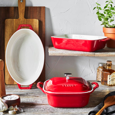 Staub oven-to-table design emphasizes elegant presentation.