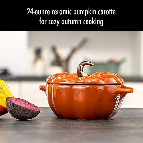 STAUB pumpkin ceramic bake dish highlights durable stoneware and even heat.