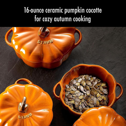 STAUB pumpkin dish is microwave, freezer, broiler, and oven safe.