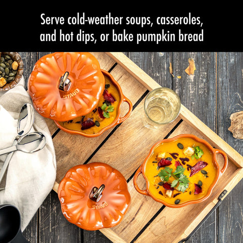 STAUB pumpkin is microwave, freezer, broiler, and oven safe up to 572°F.