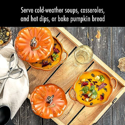 STAUB ceramic pumpkin serves as versatile bakeware for vegetables and casseroles.