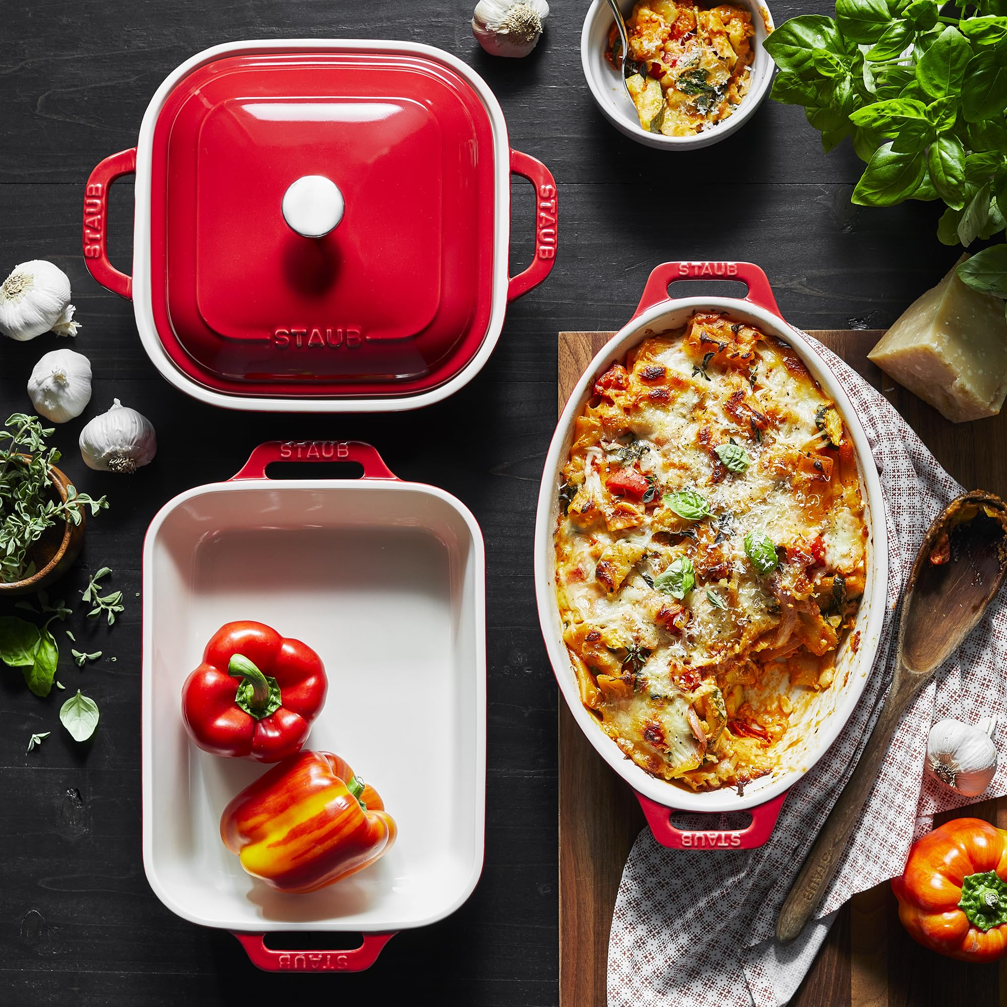 Staub rectangle baker 7-5x6 inch shown for even heating and easy serving.