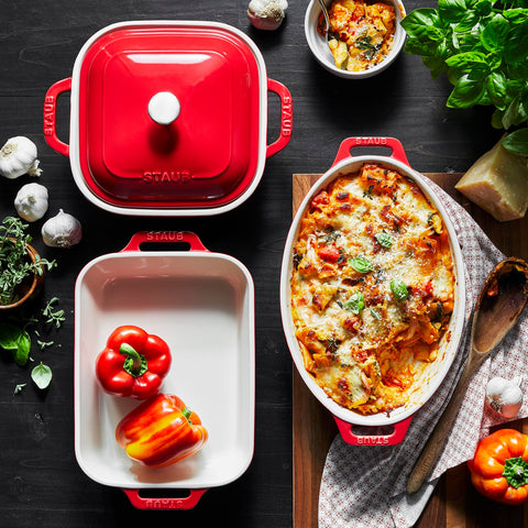 Staub rectangle baker 7-5x6 inch shown for even heating and easy serving.