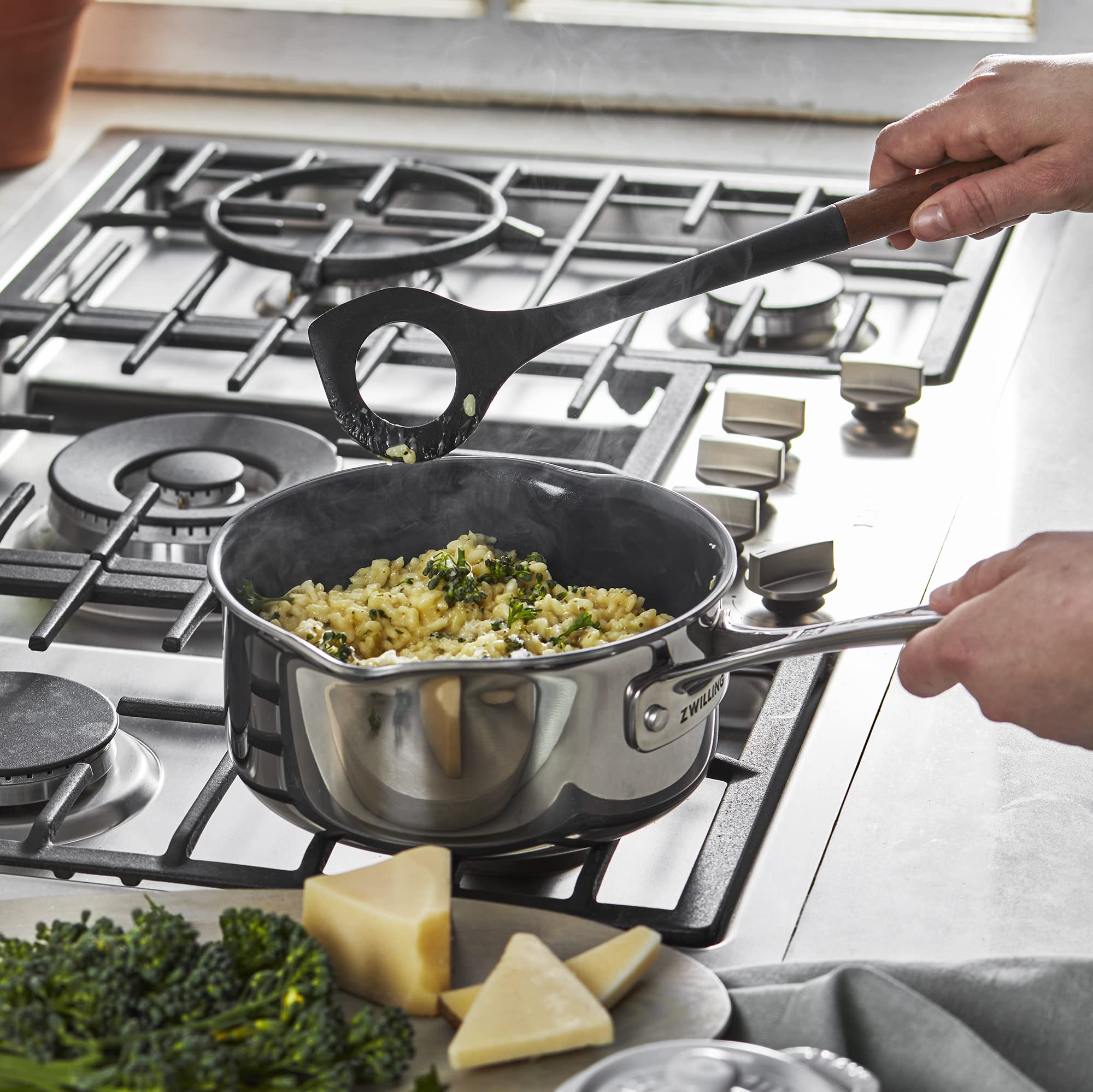 STAUB Risotto Spoon hole design prevents clumps when serving risotto.