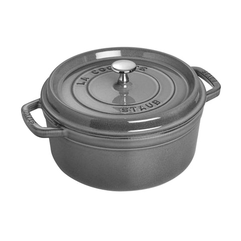 Staub round dutch oven graphite grey 4qt exterior offers even heat for slow cooking