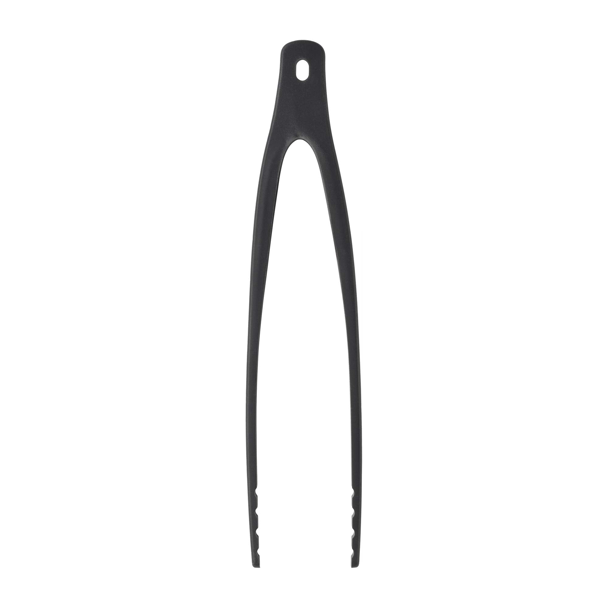 STAUB tongs display matte black silicone with acacia wood handle.