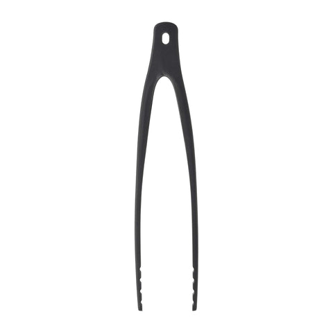 STAUB tongs display matte black silicone with acacia wood handle.