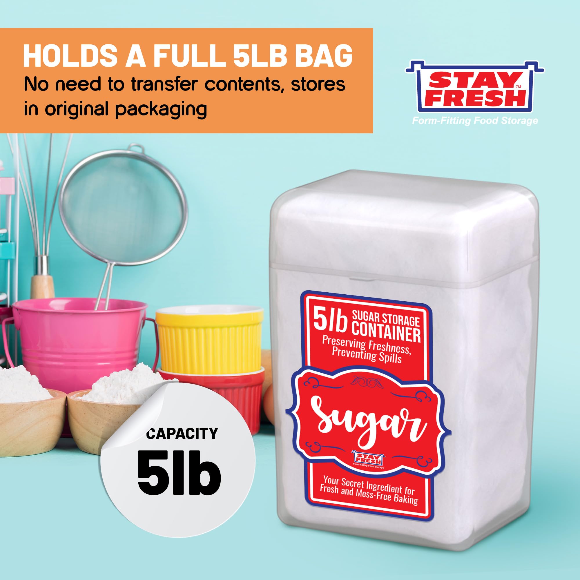 Stay Fresh sugar container durable plastic construction for long-lasting kitchen storage.