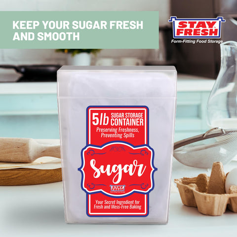 Stay Fresh sugar container with open lid and scoop ready for easy measuring.