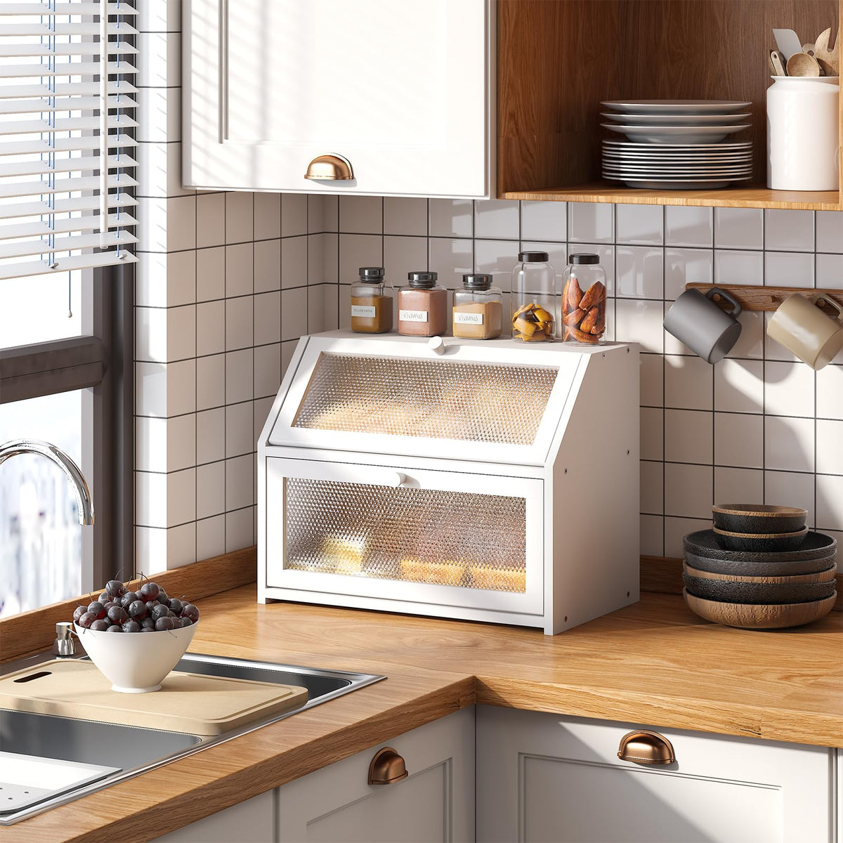 STDDRE bread box on the countertop with white diamond window keeps bread fresh.