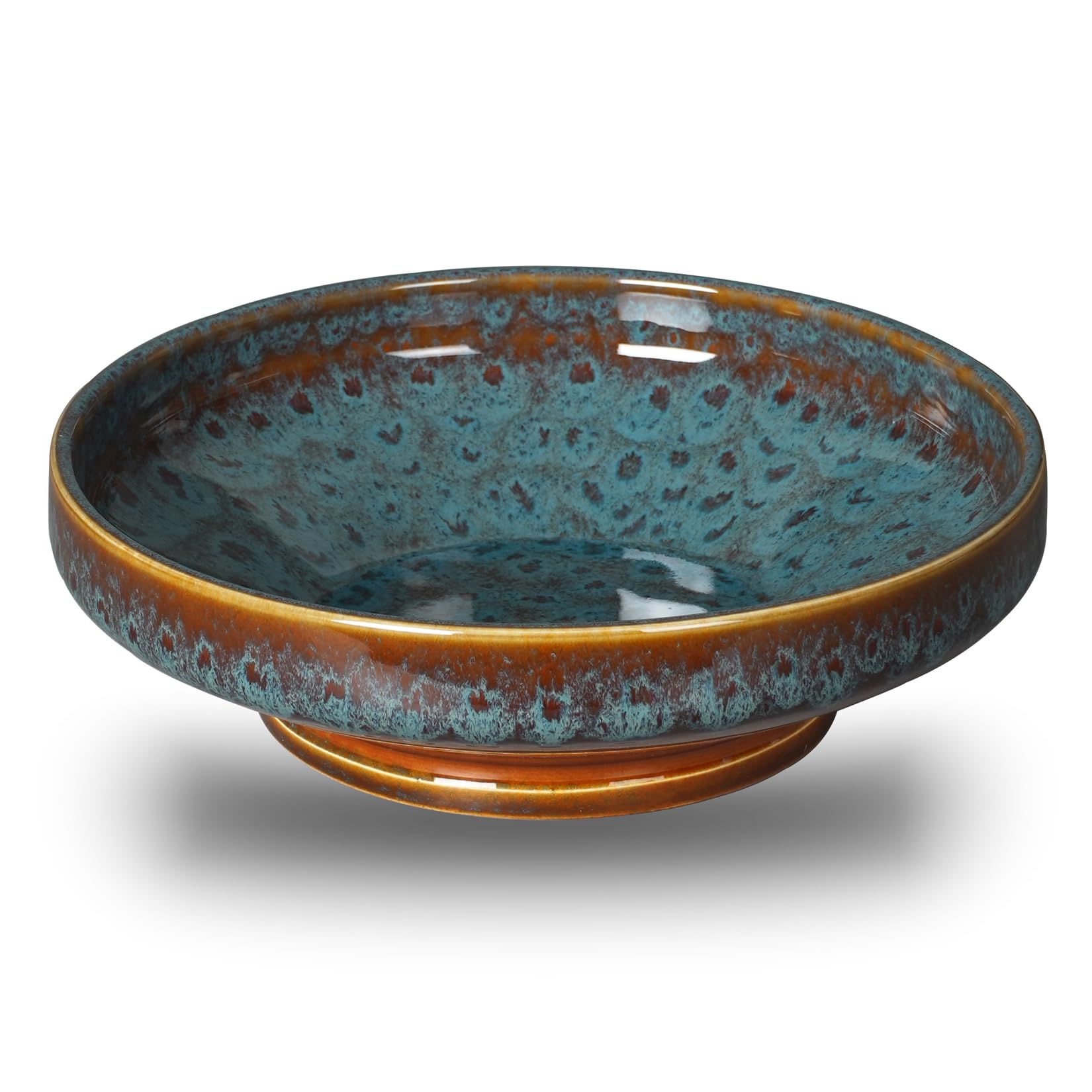 STE-CER Peacock bowl front view on counter, decorative pedestal centerpiece