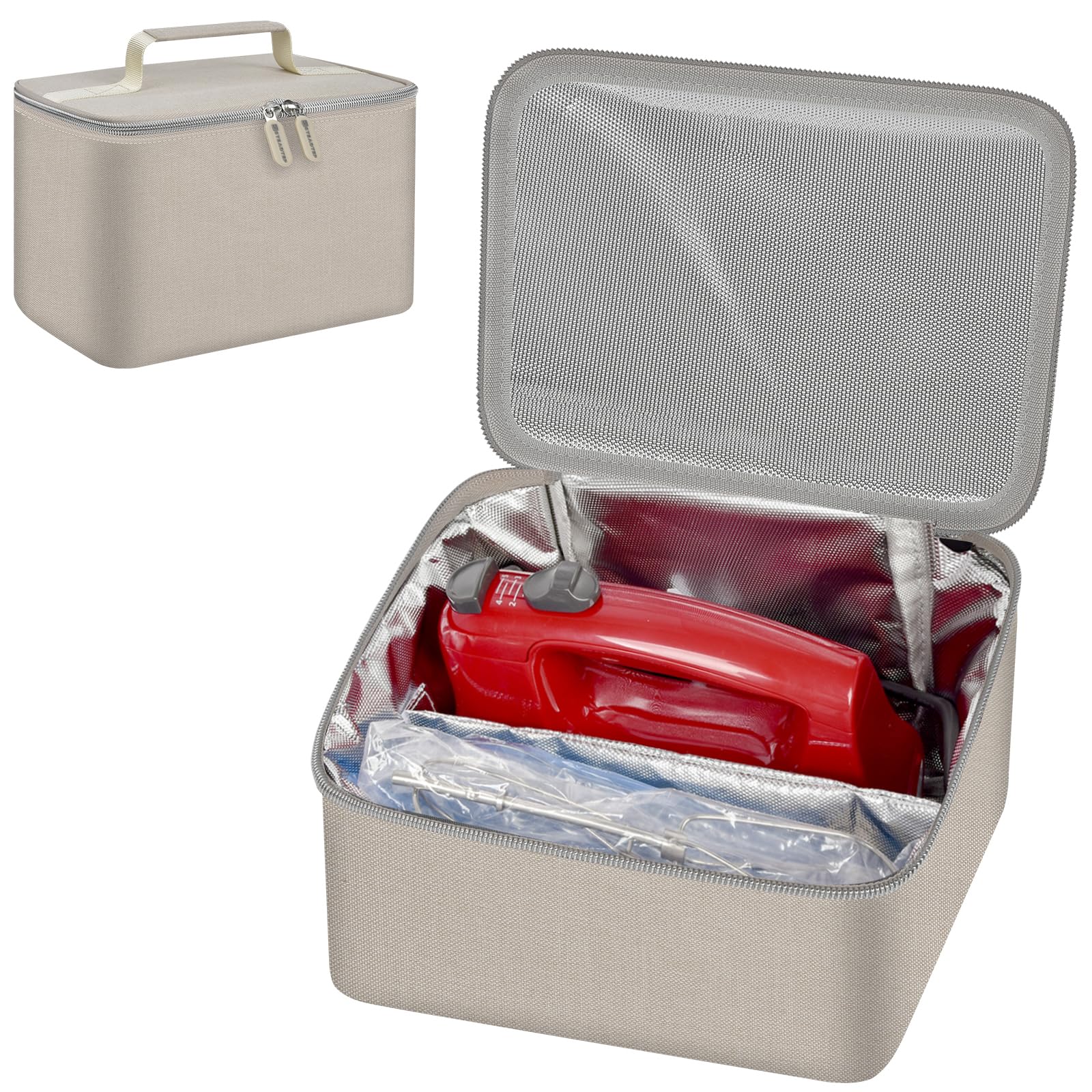 Steadtep digital hand mixer bag in beige front view keeps KitchenAid mixers secure for storage.