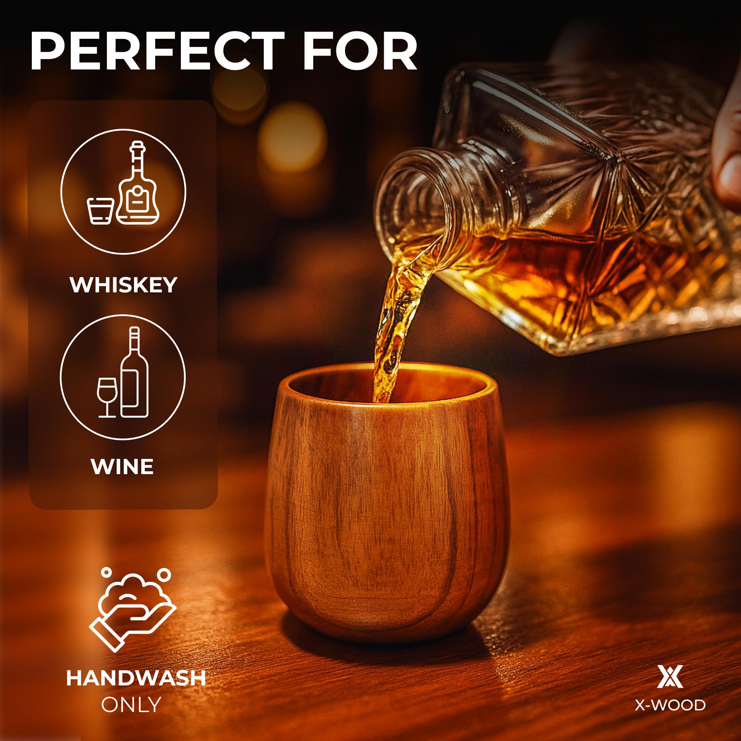 STEAKMAN XWOOD whiskey pours with rich aroma from oak glasses.