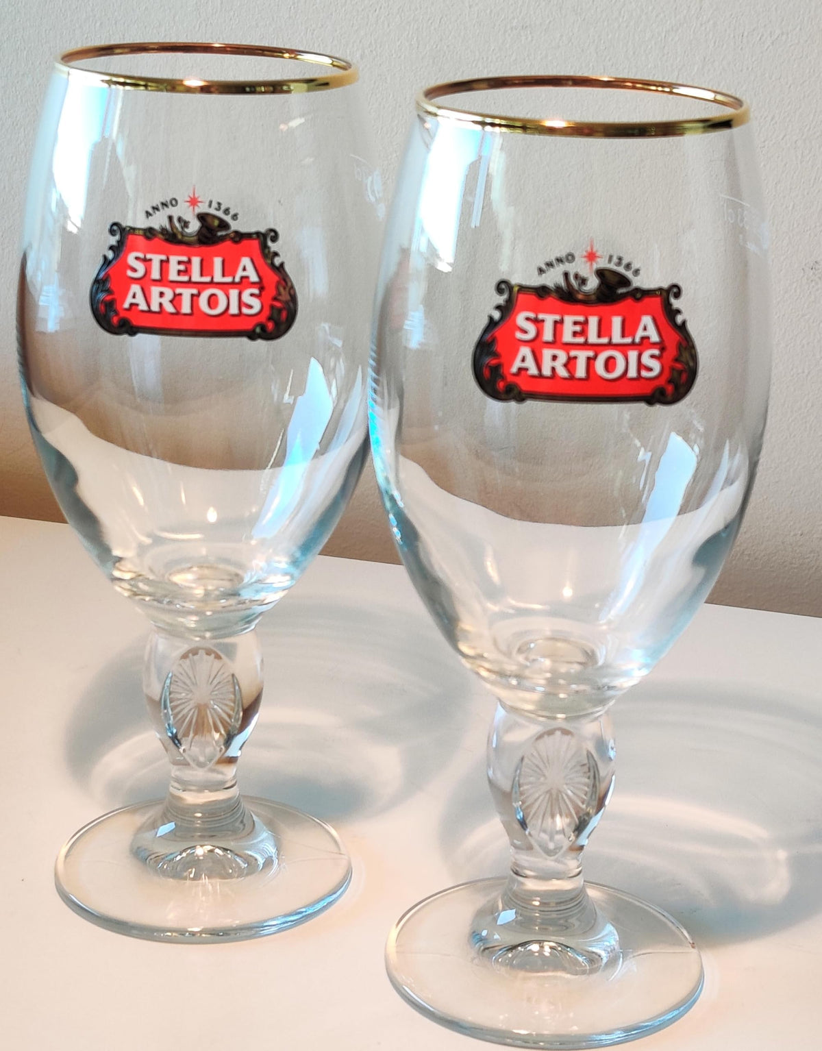 Stella Artois original glass chalice front view for premium beer tasting and display.
