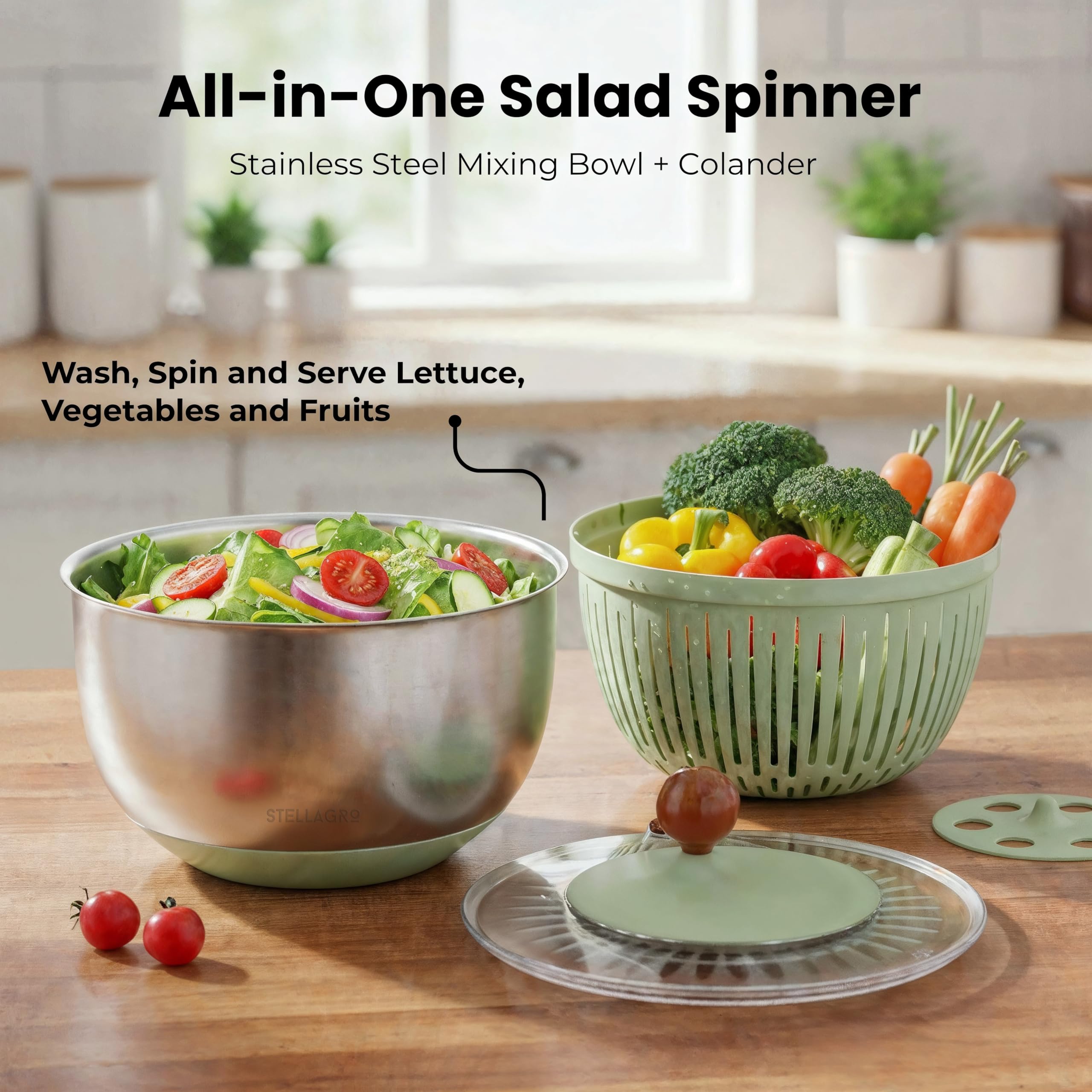 STELLAGRO collapsible salad dryer with large capacity dries greens efficiently